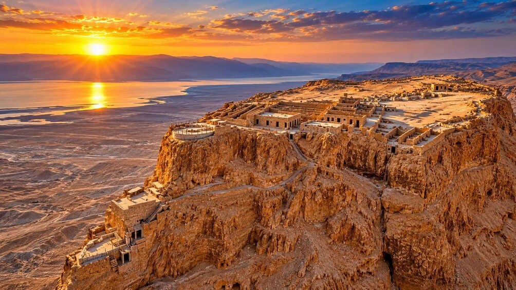 A desert landscape with ancient ruins perched on a cliff overlooking a body of water. 1