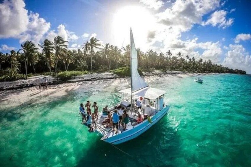 A boat with people on a turquoise sea, palm trees, and a beach. 3