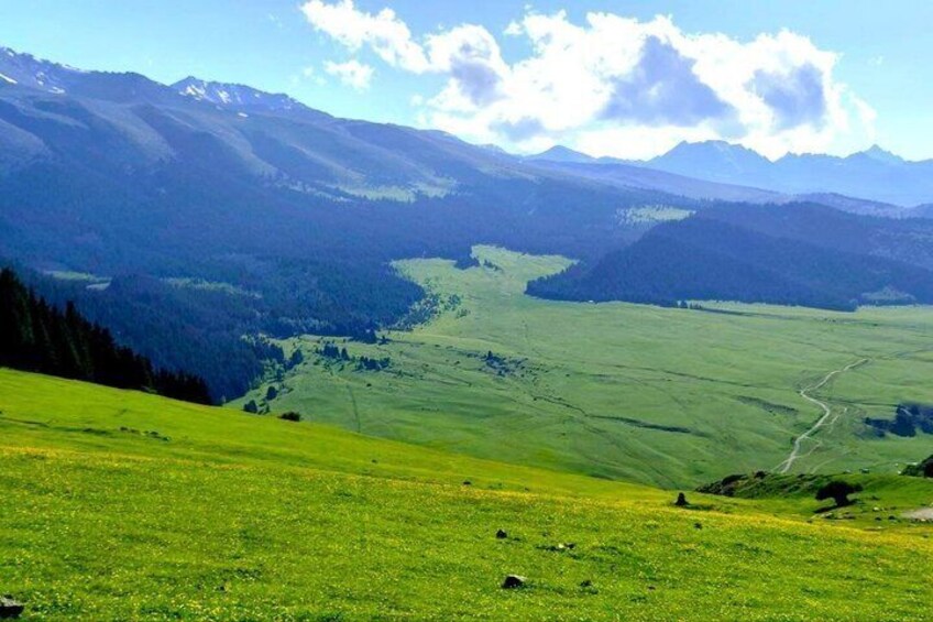 Un valle con una carretera serpenteante, campos verdes y montañas a lo lejos. 3