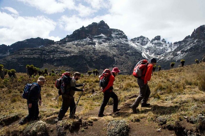 A group of hikers on a mountain trail with snow-capped peaks in the background. 4