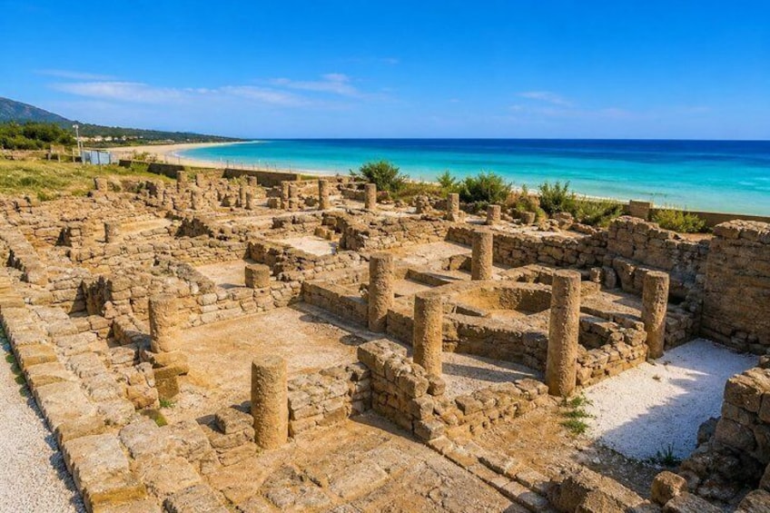 Ancient ruins by a turquoise sea with clear skies. 5