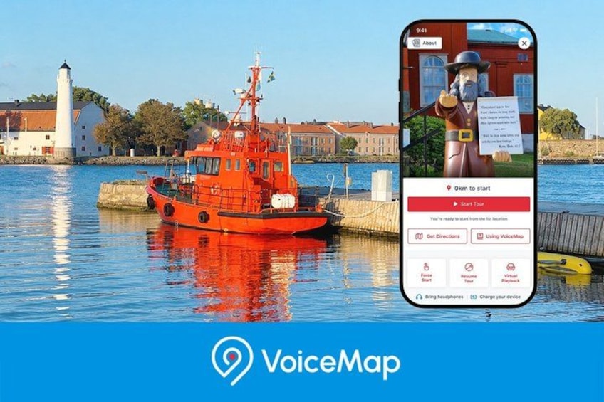 Un barco rojo amarrado en un puerto, con un faro al fondo y un teléfono inteligente que muestra una aplicación de mapas. 1