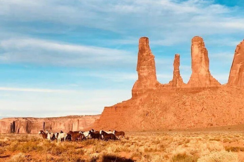 Un paysage désertique caractérisé par des formations rocheuses imposantes et un groupe de chevaux en train de paître. 3