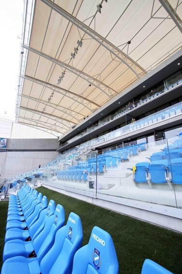 Stadium seating with a retractable roof, a grassy area, and a glass barrier. 3