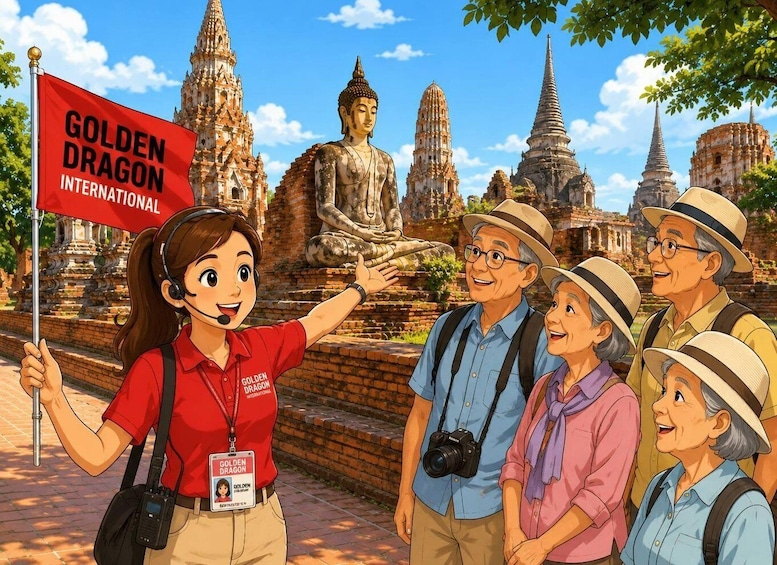 Opas osoittaa punaista kylttiä, jossa lukee ”GOLDEN DRAGON INTERNATIONAL”, ja sen edessä on turisteja muinaisten temppeleiden luona. 1