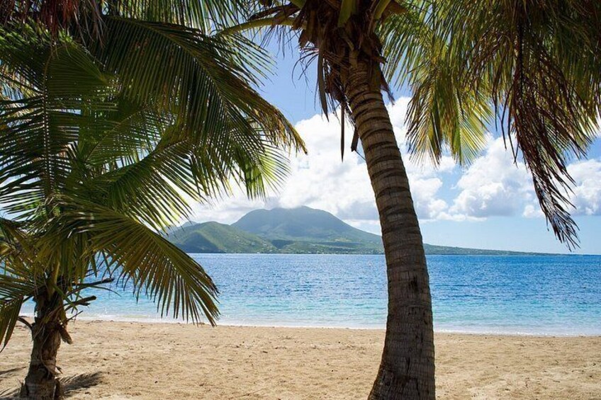 A beach with palm trees, clear blue water, and a mountain in the distance. 4
