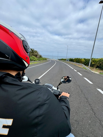 A motorcyclist on a road with a clear sky, palm trees, and a distant view of the ocean. 5