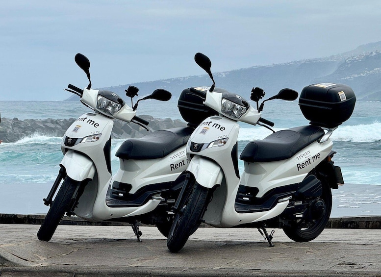 Three white scooters with 'Rent me' decals parked by the ocean. 1