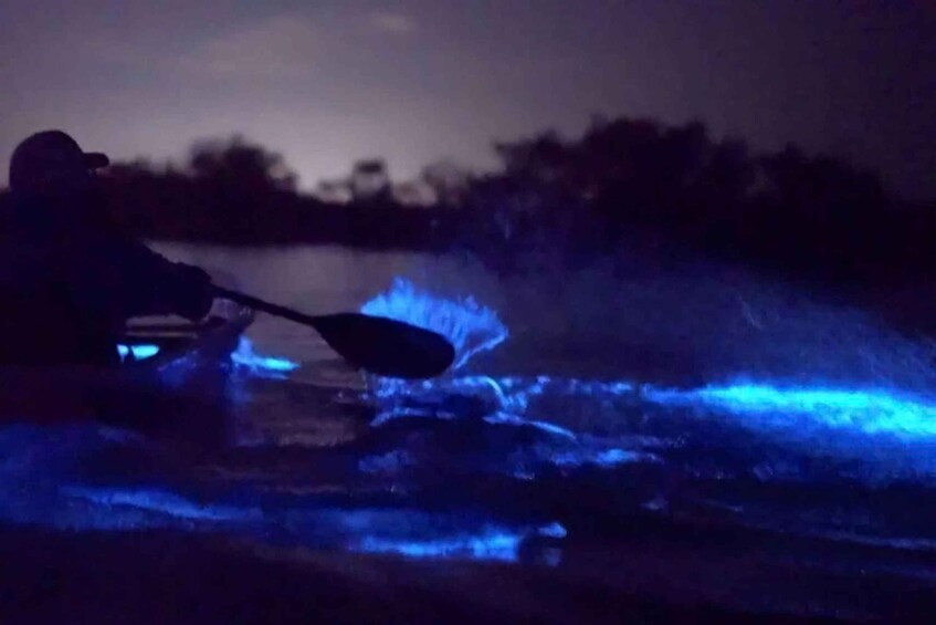 A kayak with a person paddling in a body of water at night, illuminated by blue lights. 4