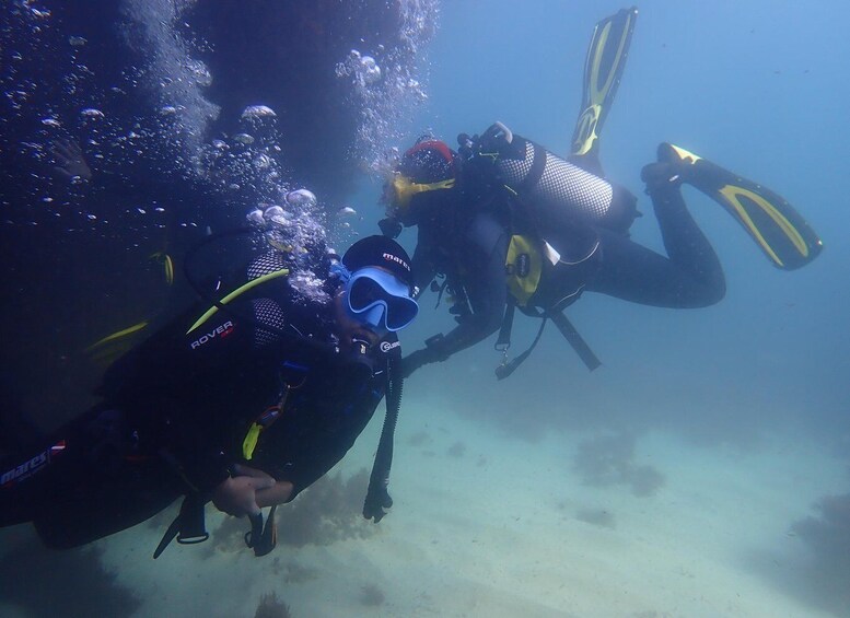 Two scuba divers underwater with fins and oxygen tanks. 3