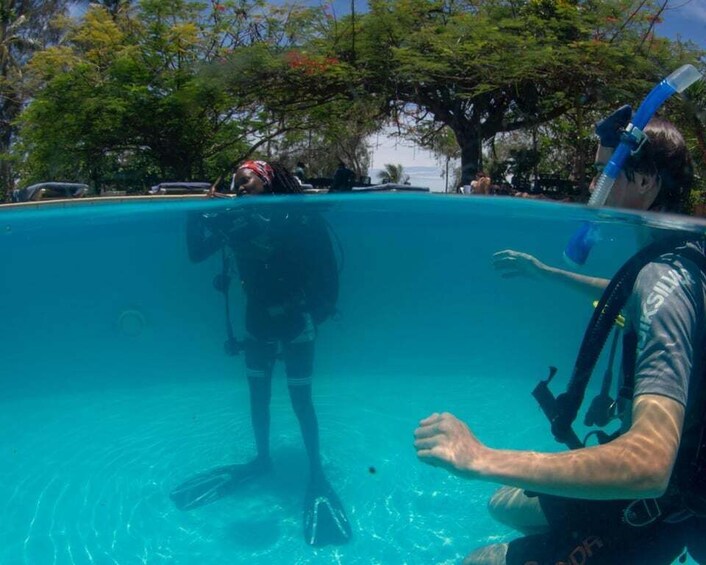 En dykker under vand i en pool, hvor en snorkler er over vandet. 3