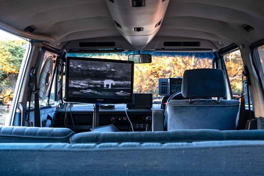 A vehicle interior with a mounted screen displaying a polar bear, a rearview mirror, and a seat. 4