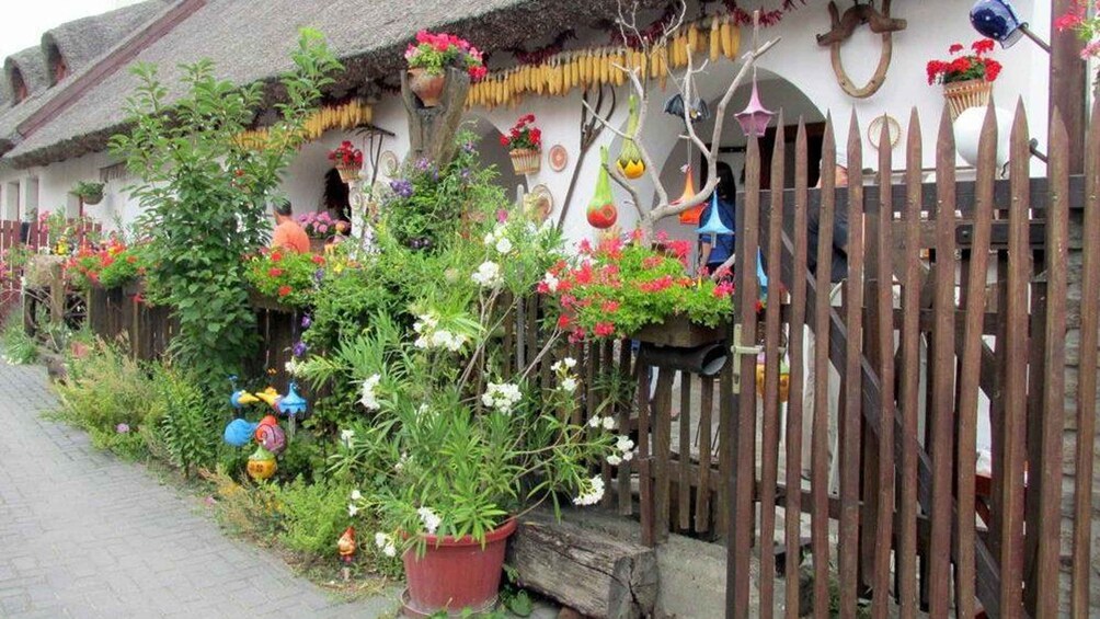 Ett hus med ett halmtak, omgivet av ett trästaket, och dekorerat med färgstarka blommor och hängande prydnadsföremål. 4