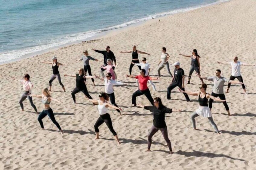 Un grupo de personas realizando una danza sincronizada en una playa arenosa, con el océano de fondo. 4