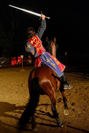 A person on horseback in medieval attire, holding a sword. 4