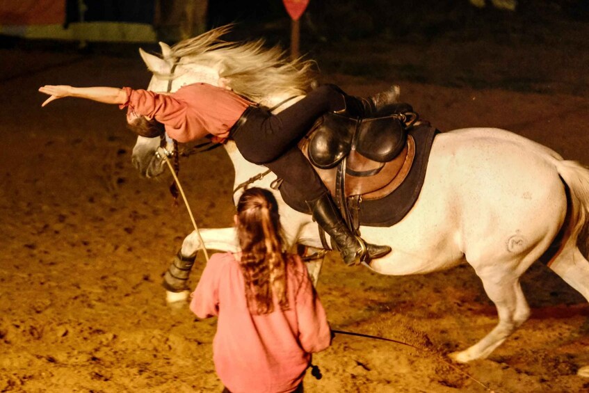 A person riding a white horse in a sandy arena. 3