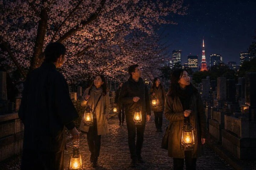 A nighttime scene with cherry blossoms, people holding lanterns, and a cityscape with a prominent tower in the background. 1
