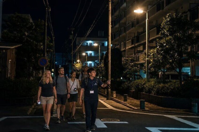 A group of people walking on a street at night with streetlights and buildings in the background. 4