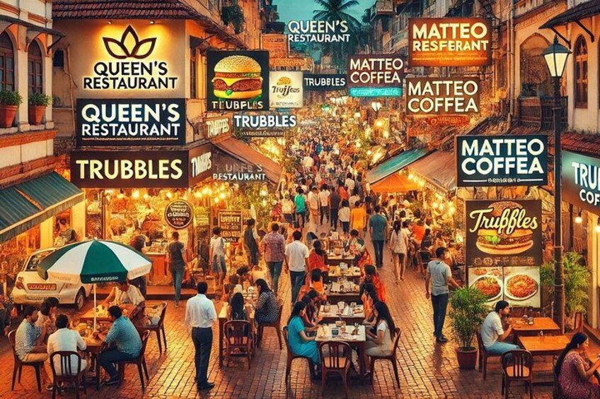 A bustling street with multiple restaurants including Queen's Restaurant and Trubbles. 1