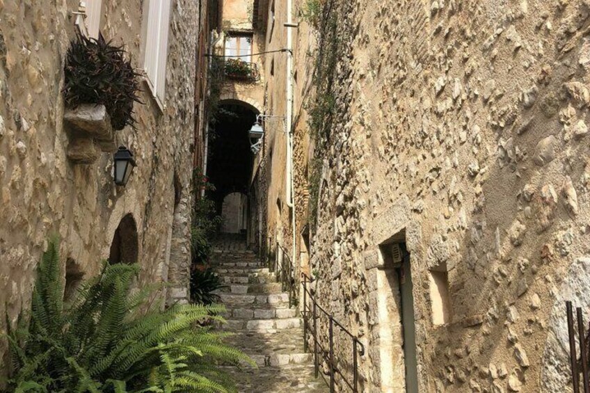 A narrow stone alley with steps leading to an archway, surrounded by buildings with plants and a metal railing. 4