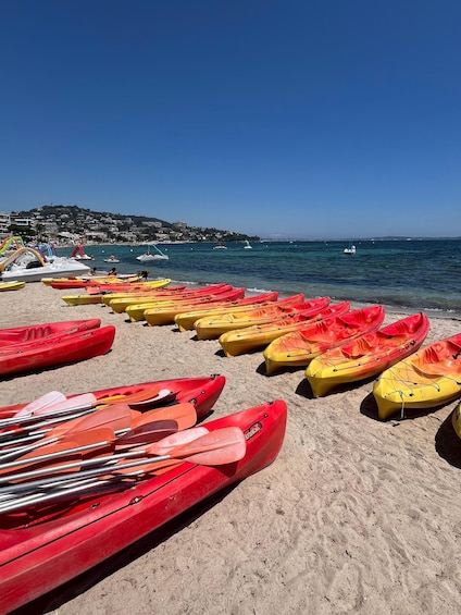 A beach with rows of kayaks and paddleboards, a clear blue sky, and boats on the water. 3
