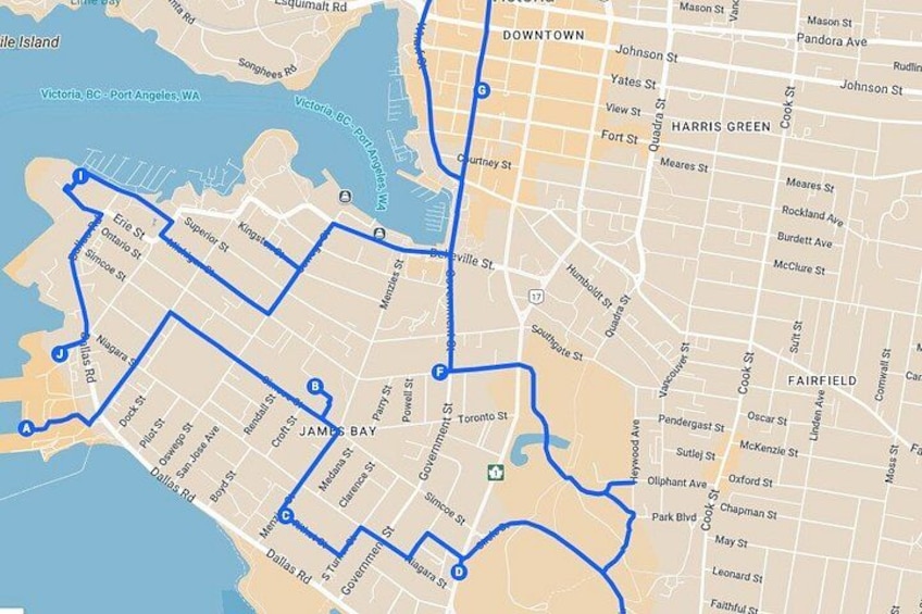 A map with marked streets and a blue route. 5