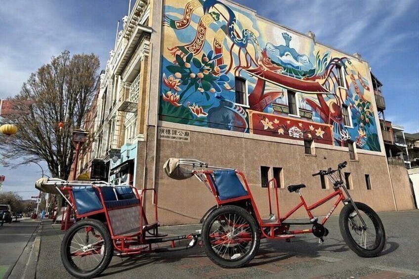 A red bicycle with a cargo trailer parked on a street, a mural with colorful artwork on a building, and a clear blue sky. 5