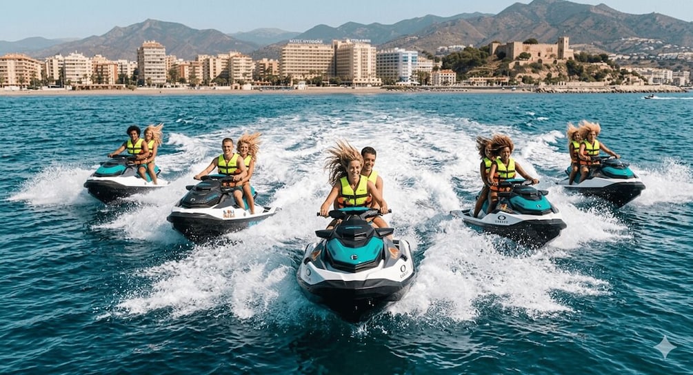 Five jet skis on the water with a coastal cityscape in the background. 4