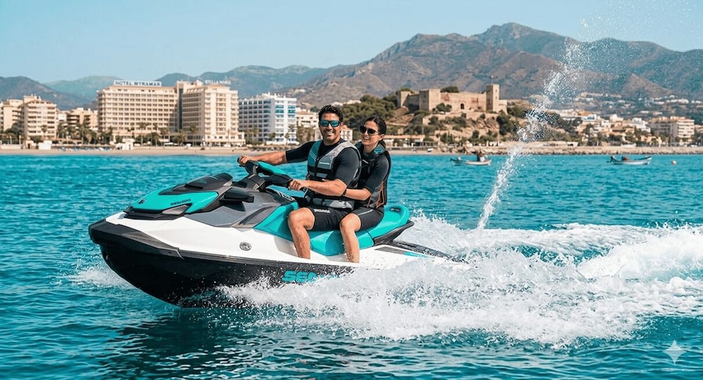 A person riding a jet ski on a body of water with a cityscape and mountains in the background. 2