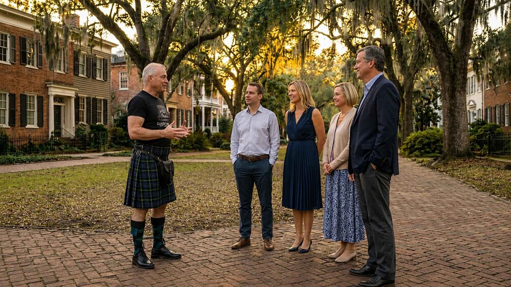 A group of people standing on a brick pathway in a residential area with brick houses and trees. 1