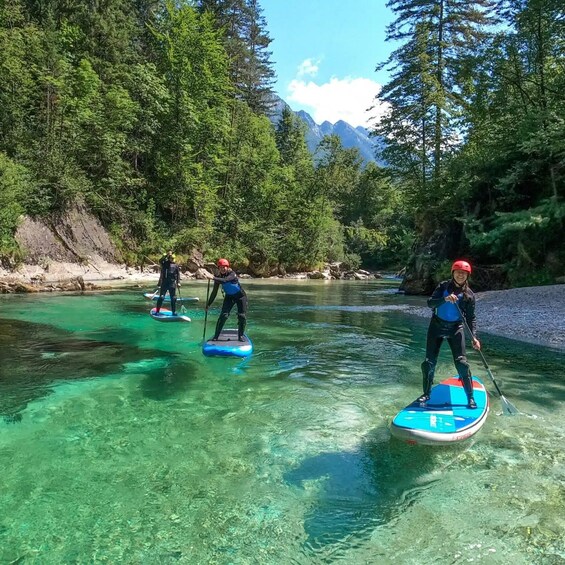 Three people paddleboarding on a clear river surrounded by forest and mountains. 2