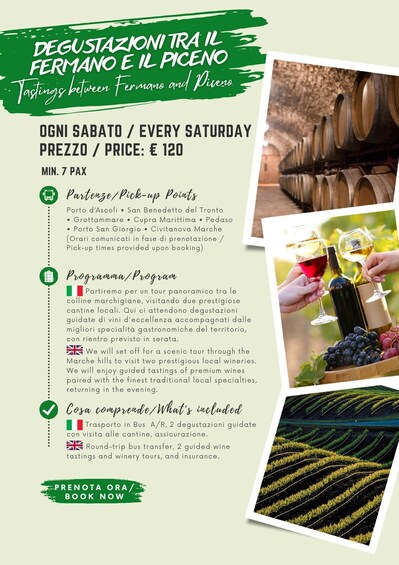 A wine tasting event flyer with details on dates, price, locations, and what's included. 1