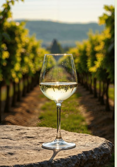 A wine glass on a stone surface with a vineyard in the background. 5