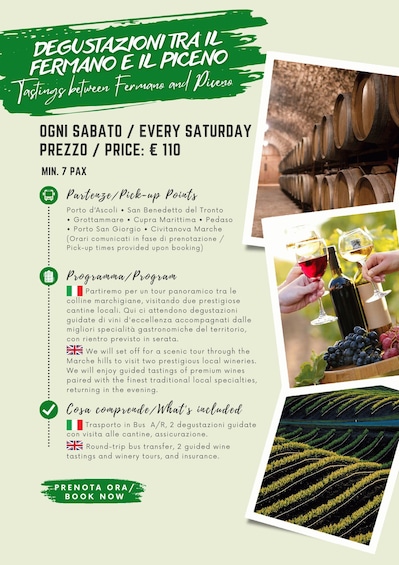 A wine tasting event brochure with details on location, price, and included activities. 1