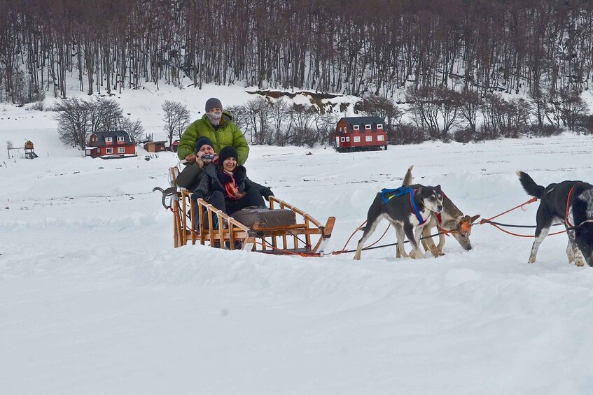 A sled pulled by dogs with people seated in it, snow-covered landscape, and houses in the background. 2