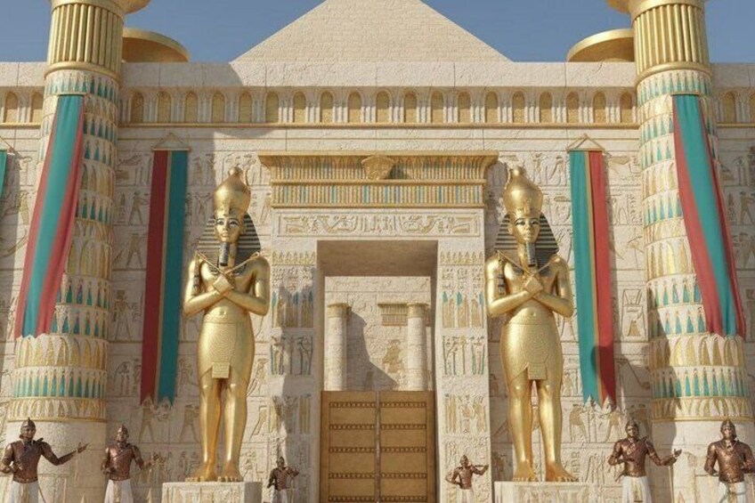 A grand Egyptian temple with large golden statues of pharaohs and intricate hieroglyphics. 2