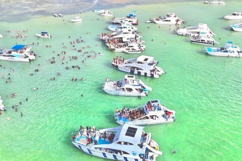A crowded marina with numerous boats and people. 1