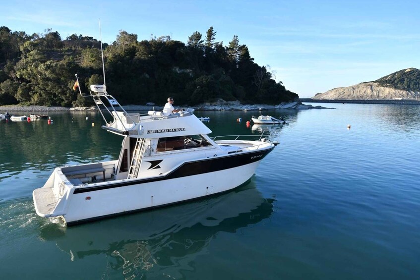 A white boat named 'URIBE KOSTA SEA TOUR' docked at a calm harbor with a forested hill in the background. 2