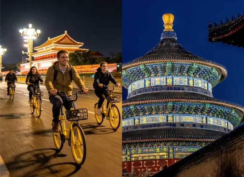 People riding bicycles on a street at night, with a traditional building in the background. 1