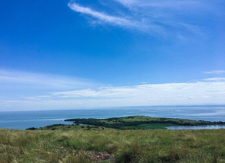 A coastal landscape with a grassy hill, a body of water, and a clear blue sky. 5