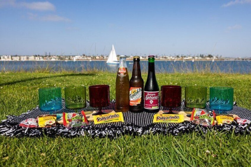 Un pique-nique installé sur l’herbe, avec de la nourriture, des boissons et une vue sur l’eau. 4