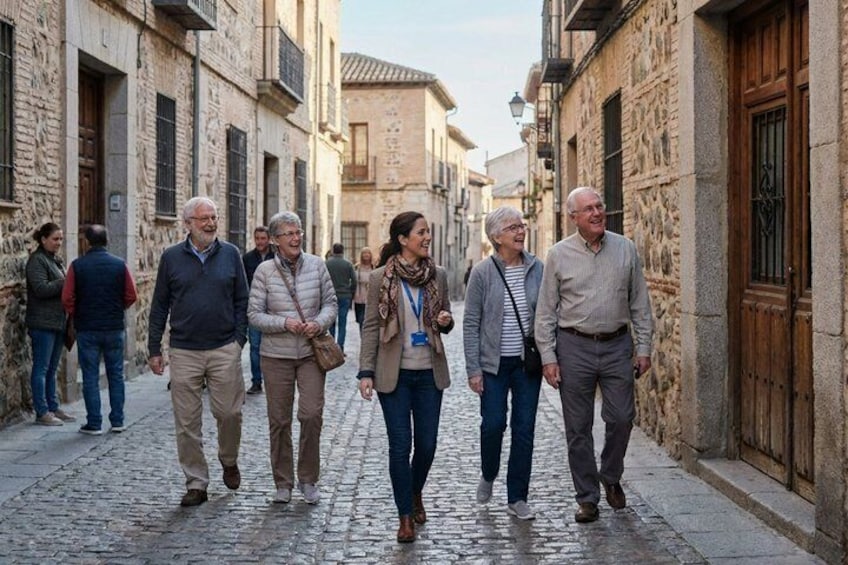A group of people walking down a cobblestone street in a historic town. 5