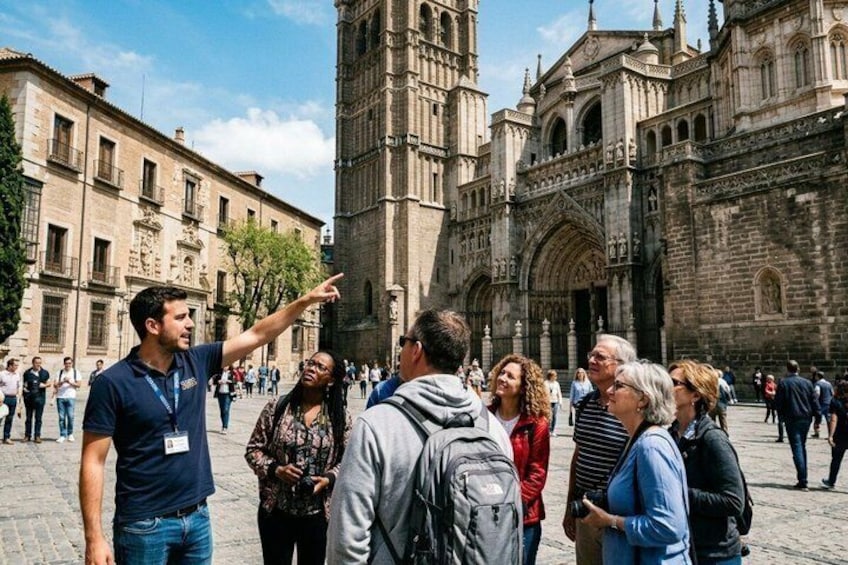 A group of people standing in a square with a historic building featuring a large tower and intricate architecture in the background. 4