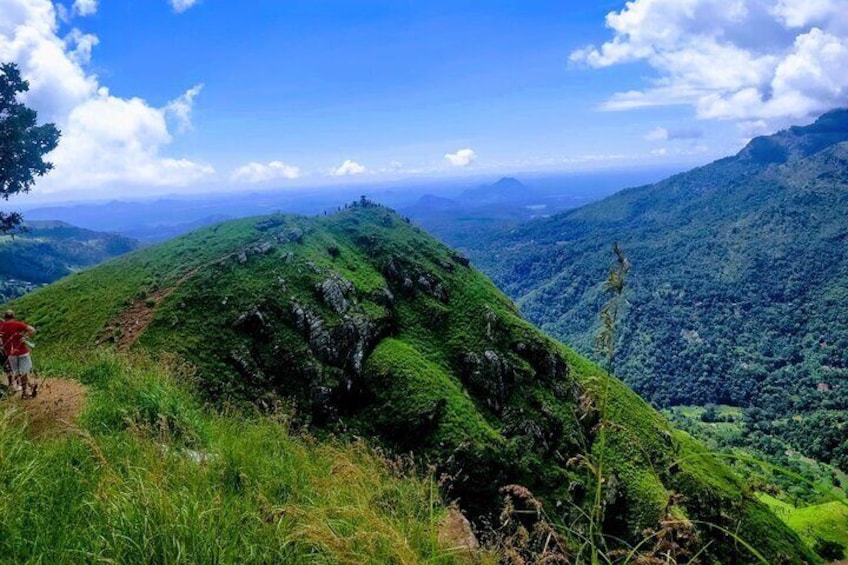 A hiker on a grassy mountain trail with lush greenery and distant hills under a clear sky. 1