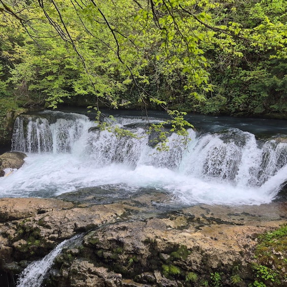 A waterfall cascading over rocks in a forested area. 4
