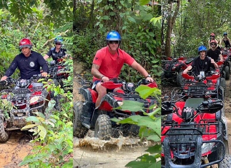 People riding ATVs through a forested area. 2