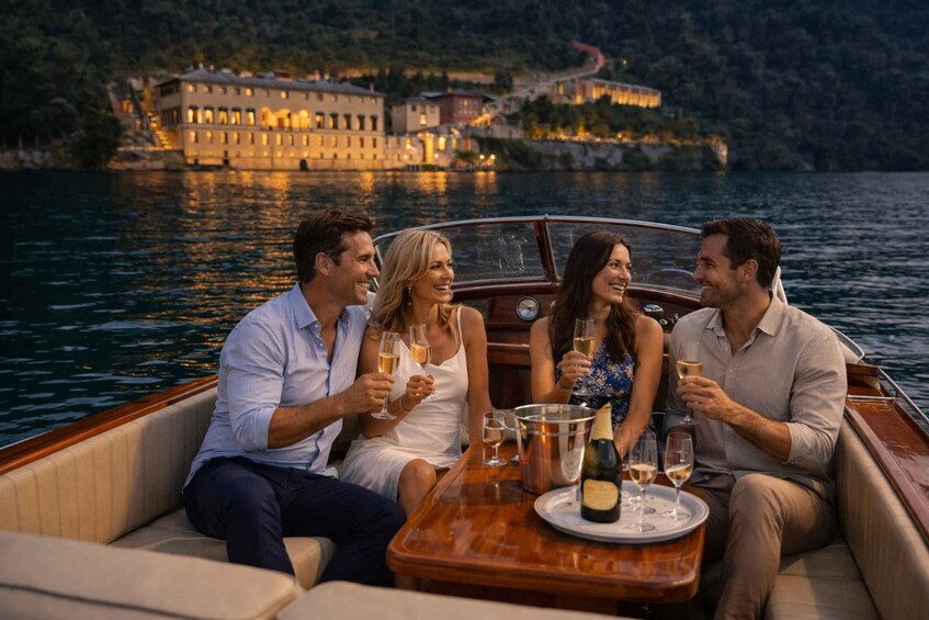 A group of people on a boat with a bottle of champagne and glasses, a wooden table, and a building in the background. 2