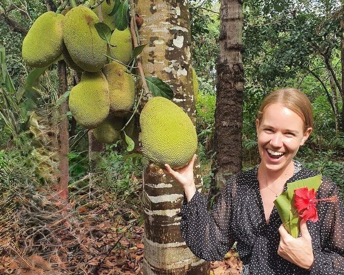 A person holding a jackfruit and a red flower, with a tree bearing the fruit in a forested area. 2