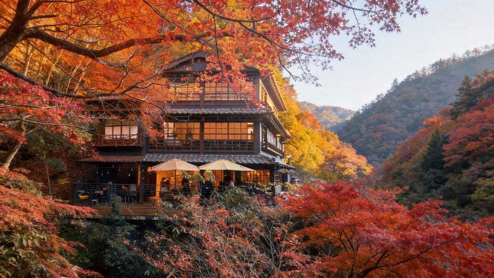 A traditional Japanese house surrounded by autumn foliage. 3