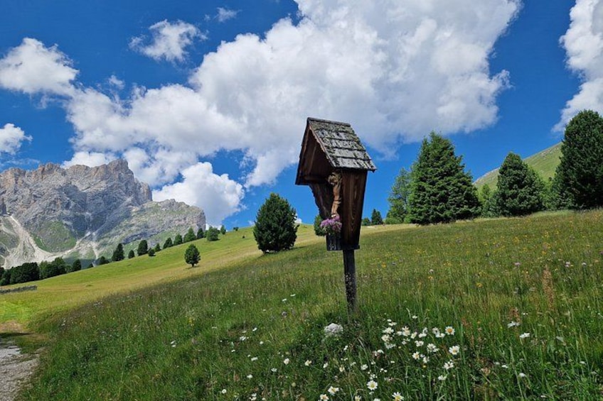 A wooden signpost with a carved figure, a grassy field, a mountain range, and a clear blue sky. 4